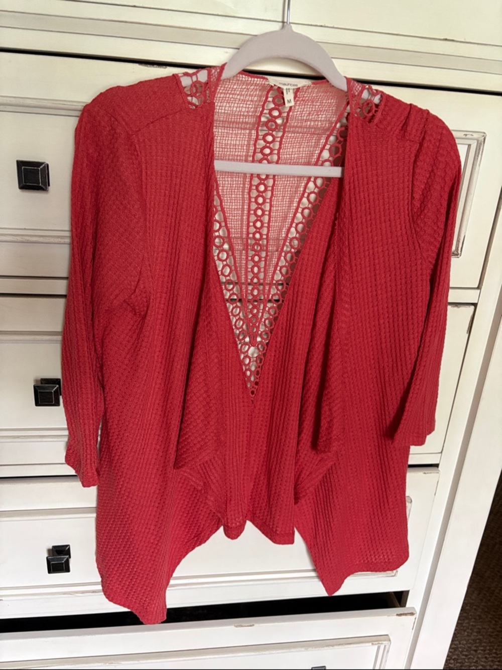 Maurices Coral Open-Front Knit Cardigan with Lace Trim